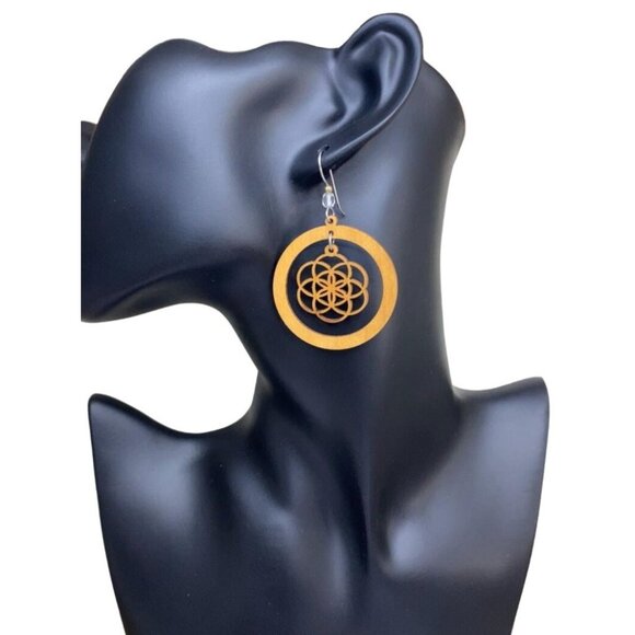 Wooden Flower of life Sacred Geometric Hoop Earrings 2" - Picture 1 of 2